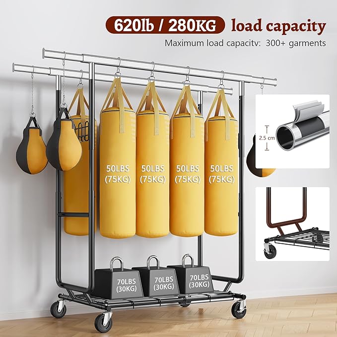 FAVOOSTY Heavy Duty Clothes Rack for Hanging Clothes Double Rods, Rolling & Extending Clothing Rack with Wheels, Garment Coat Rack Freestanding, Portable Clothes Rack, Black
