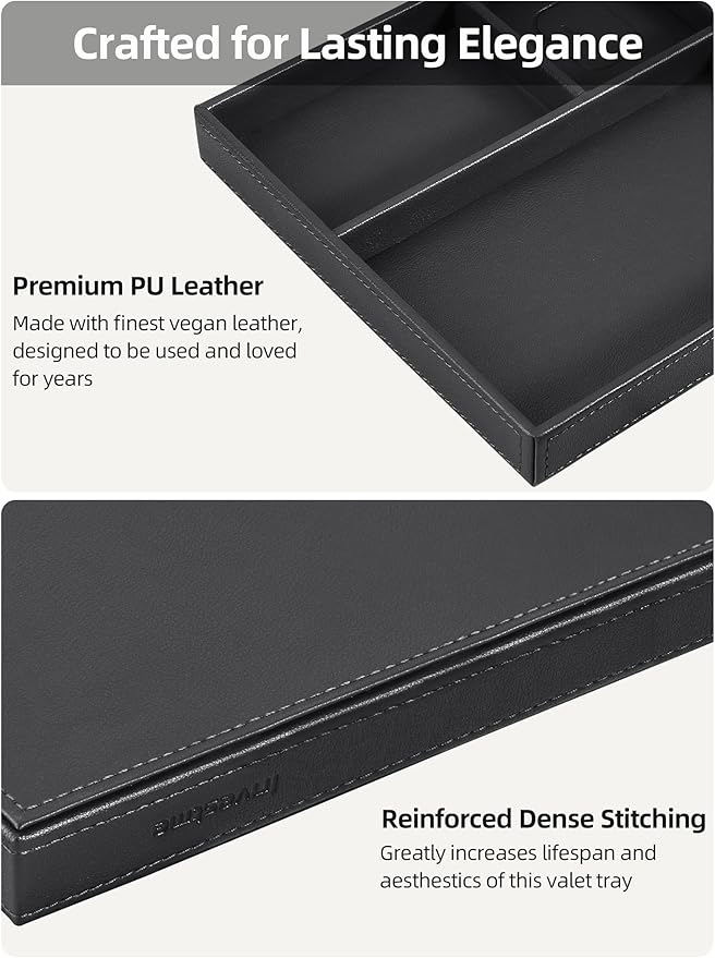 Valet Tray, Built-in Wireless Chargers, PU Leather Nightstand Organizer, Desk Bedside Caddy Organizer Tray for Men Women, EDC Catchall Trays for Keys, Watch, Phone, Jewelry, Black