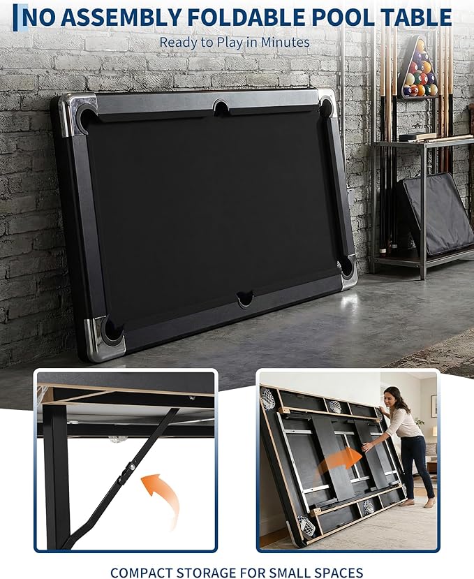 7 Foot Pool Table for Family, Foldable No Assembly Pool Table with Balls, Cues, Chalk, Rack & Brush, Portable Billiards Game Table for Apartment, Basement, Office & Game Room
