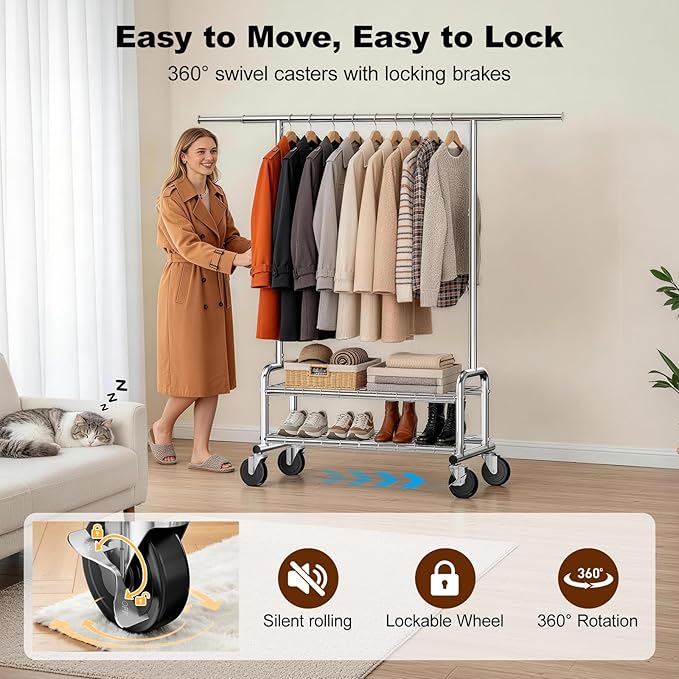 Heavy Duty Clothing Rack with Shelves, 660 LBS Capacity Rolling Metal Clothes Rack with Lockable Wheels, Garment Rack for Bedroom, Laundry Room, Portable Closet Organizer, Silver