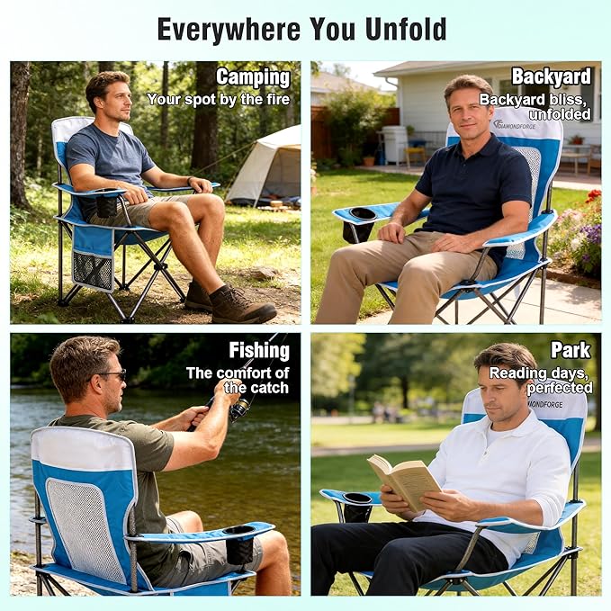 Camping Chairs, High Back Breathable Mesh Camping Chair 300 LBS Capacity, Portable Outdoor Lawn Chairs Folding with Cup Holder for Picnic, Lawn, Beach, Fishing and Sports (Blue White)