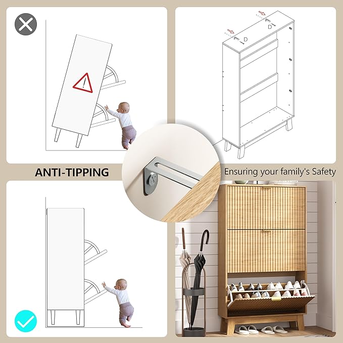 HUANLEGO Shoe Cabinet Storage for Entryway with 3 Flip Drawers, Fluted Narrow Shoe Organizer with Wooden Legs, Freestanding Slim Shoe Storage Hidden Shoe Rack Organizer for Front Door Entrance, Oak