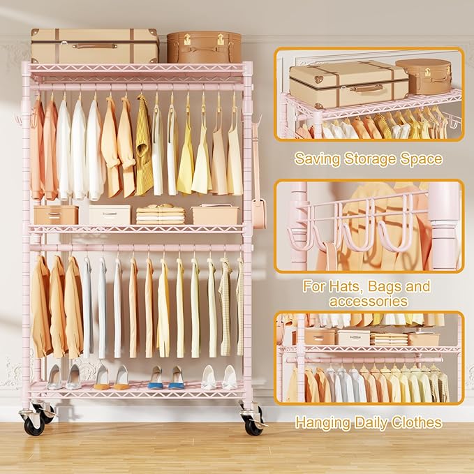 ULIFHOME P1 Rolling Closets with Wheels and Shelves, Portable Closet Wardrobe for Clothes Hanging, Pink Clothing Storage and Organizer System for Bedroom, 35.5" W x 15.7" D x 80.5" H, Hold 500lbs