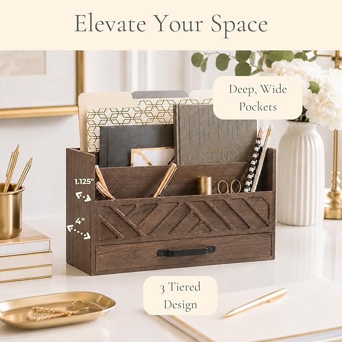 BLU MONACO | Wooden Mail Organizer with Drawer and Compartments | Mail Sorter Organizer Countertop for Desk Entryway | Outgoing Mail Holder Wood Desktop File Storage
