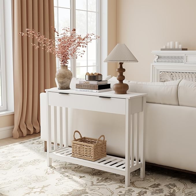 TaoHFE White Narrow Console Table with Drawer Storage Shelf, Modern Wooden Entryway Sofa Table, 39 Inch Slim Behind Couch Table, Side Display Console Table for Living Room,Office,White