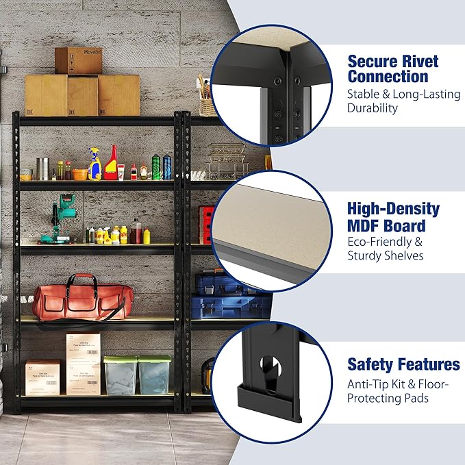 WORKPRO 5-Tier Storage Shelf, 72" H Heavy Duty Adjustable Garage Shelving Unit 2180LBS Capacity, for Basement, Kitchen, Pantry, 35.4”Wx11.8”Dx72”H, Black