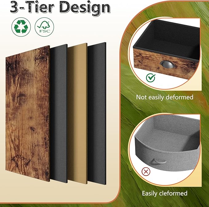 Night Stand with 3 Fabric Drawers, Bedside Table with Wood Top and 2 Tier Shelf, End Table with Storage Drawer Dresser, Small Side Table for Bedroom, Metal Frame, Rustic Brown