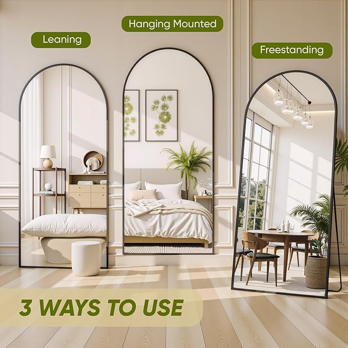 Full Length Mirror, 71"x32" Arched Full Body Mirror, Floor Mirrors with Stand, Body Mirrors Standing Hanging Leaning Against Wall,Aluminum Frame Mirrors for Bedroom Cloakroom,Living Room,Black
