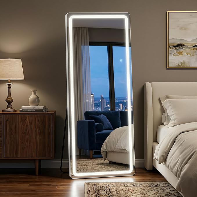 71"x32" Full Length Mirror with LED Lights, Dimmable Lighted Floor Mirror with 3 Color Lighting & Touch Control, Standing or Wall Mounted Full Body Mirror for Bedroom Dressing Room, White
