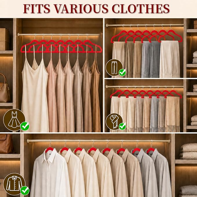 Velvet Hangers 50 Pack, Non Slip Clothes Hangers with Shoulder Notches, Slim Felt Hanger with 360° Swivel Hook, Space-Saving, for Coat, Shirt, Pants, Dress, Suits, Red