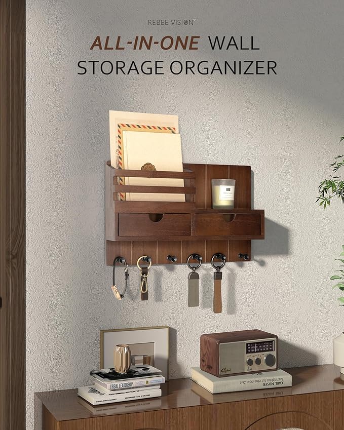 Rebee Vision Farmhouse Key Holder Wall Mount with 2 Drawer Organizer - Decorative Mail Organizer for wall with 6 Key Hooks - Ideal Apartment Essentials for Room Decor Aesthetic (Rustic Brown)