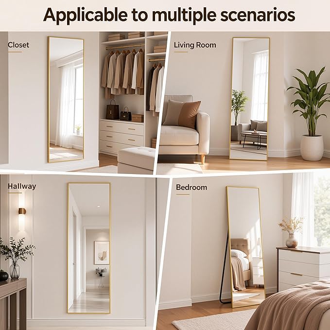 Antok Full Length Mirror, 56"x14" Floor Mirror with Stand, Hanging Mounted Mirrors for Bedroom, Living Room, Cloakroom, Dining Room, Gold, Rect