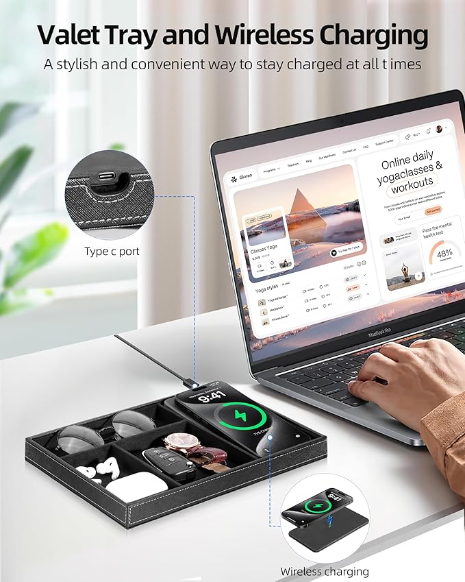Valet Tray with Wireless Charger, Nightstand Organizer for Men, EDC Catchall Tray for Keys, Watch, Wallet, Jewellery, Premium Vegan Leather, Bedside Caddy, Stylish and Organized, Black