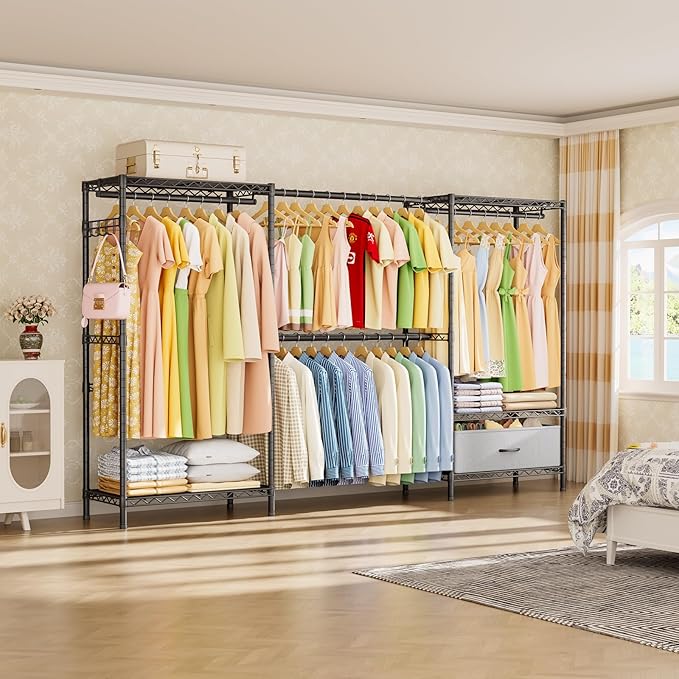 Golpart Coat Rack Clothes Wardrobe：Closet Organizer and Storage Clothing Garment Rack with Shelves Heavy Duty for Hanging Clothes Portable Adjustable Black 15.8" DX(70-88)" WX76.5 H
