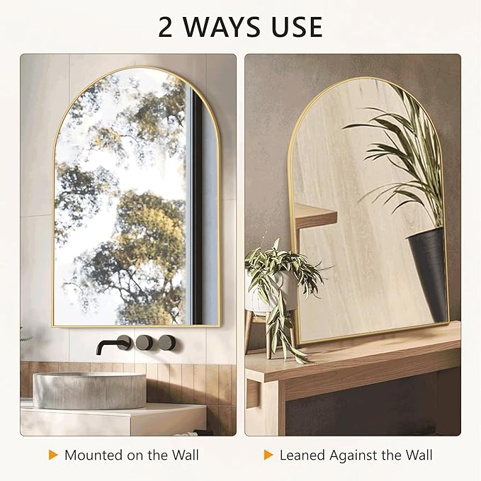 Arched Bathroom Mirror for Wall, 30" x 20" Gold Metal Frame Vanity Mirror, HD Glass Over Sink for Bathroom, Entryway, Bedroom