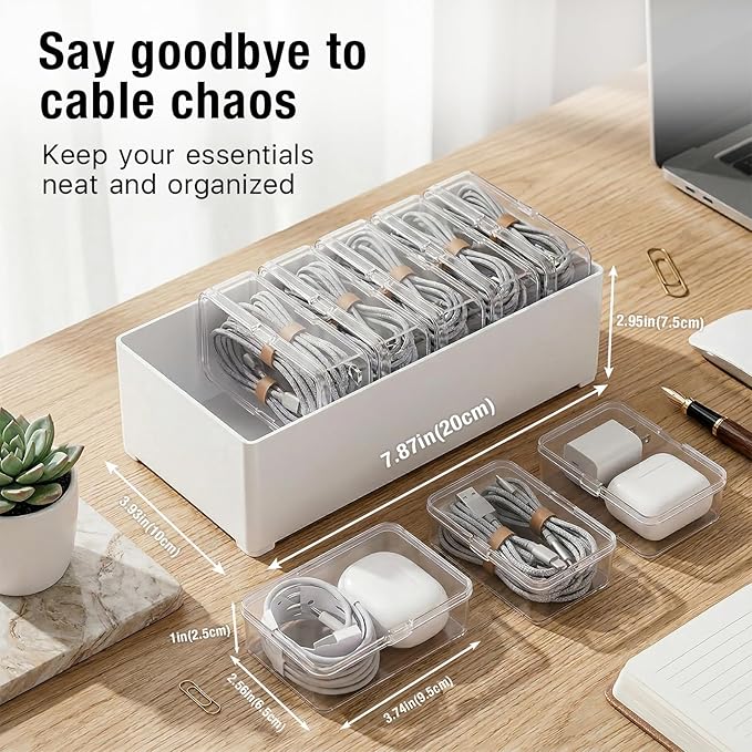 2 PCS Cable Organizer Box with 7 Standalone Cable Management Box, Charger Cord Organizer for Home/Office Desk Accessories Storage Stationery Supplies & Accessories（Clear）