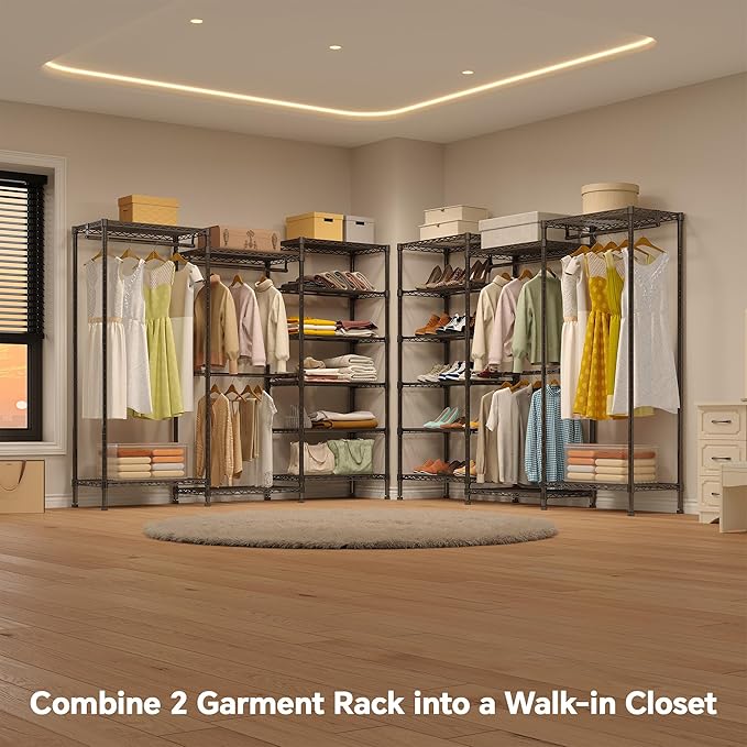 Higeego H12 Heavy Duty Clothes Rack with Adjustable 5-Tier Shoe Rack, Freestanding Clothing Racks for Hanging Clothes, Metal Shoe Organizer Large Closet Racks, 15.7" D x 68.7" W x 76.4" H, Black