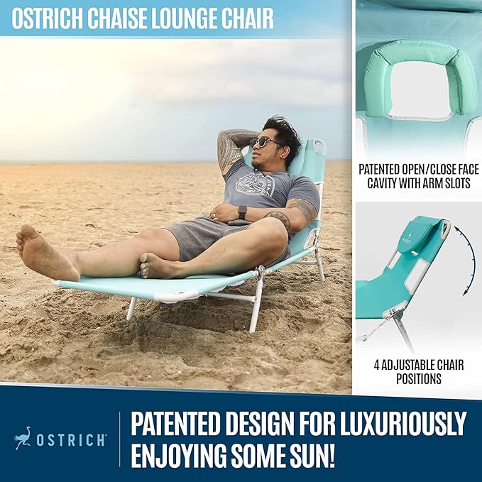 Ostrich the Original Chaise 72 x 22 Inch Lounge Portable Reclining Lounger, Outdoor Patio, Beach, Lawn, Camping, or Pool Tanning Chair, Aqua