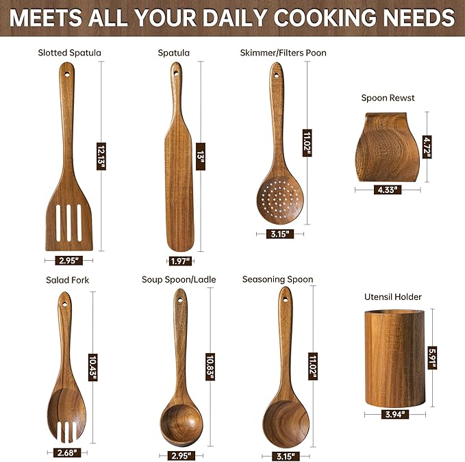 Wooden Utensil Set 8 PCS - Natural Non-Toxic Acacia Wooden Spoons for Cooking, Nonstick, Sturdy,Easy to Clean, Wood Kitchen Utensils Set with Holder, Spoon Rest, Ideal for Gifting