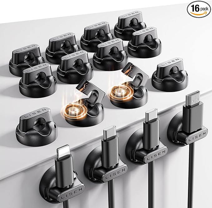 LISEN 16-Pack Magnetic Cable Clips [1S Snap-On] Cord Holder, Office Desk Organizers and Accessories with 8 Extra Strong Adhesive Pads, Wire Organizer for Nightstand, Home, Wall, Car, Desktop