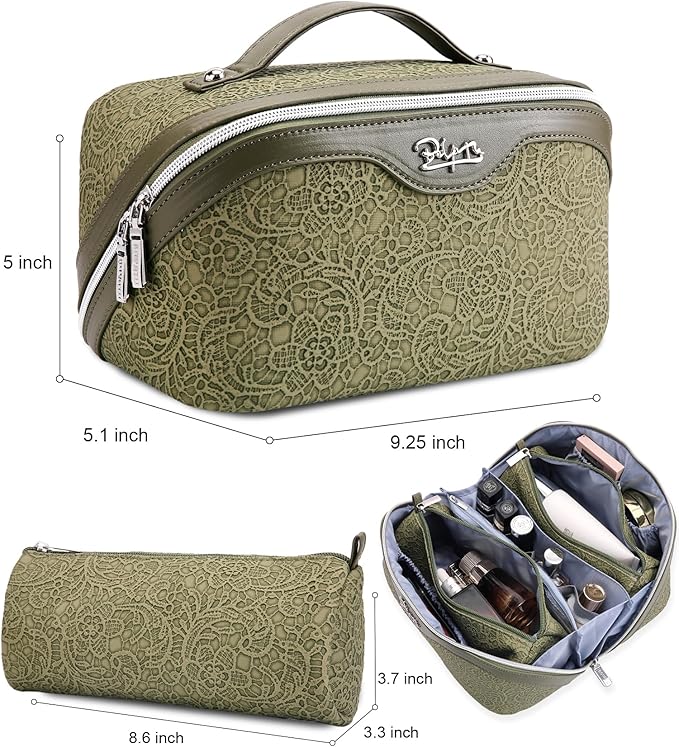 BOYATU Travel Makeup Bags Cosmetic Organizer Bag: 3 Pcs Set Large Capacity Make up Bag with Compartments - Waterproof Leather Toiletry Bags with Handle for Women (A-Green)