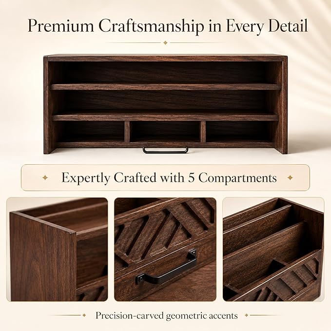BLU MONACO | Wooden Mail Organizer with Drawer and Compartments | Mail Sorter Organizer Countertop for Desk Entryway | Outgoing Mail Holder Wood Desktop File Storage