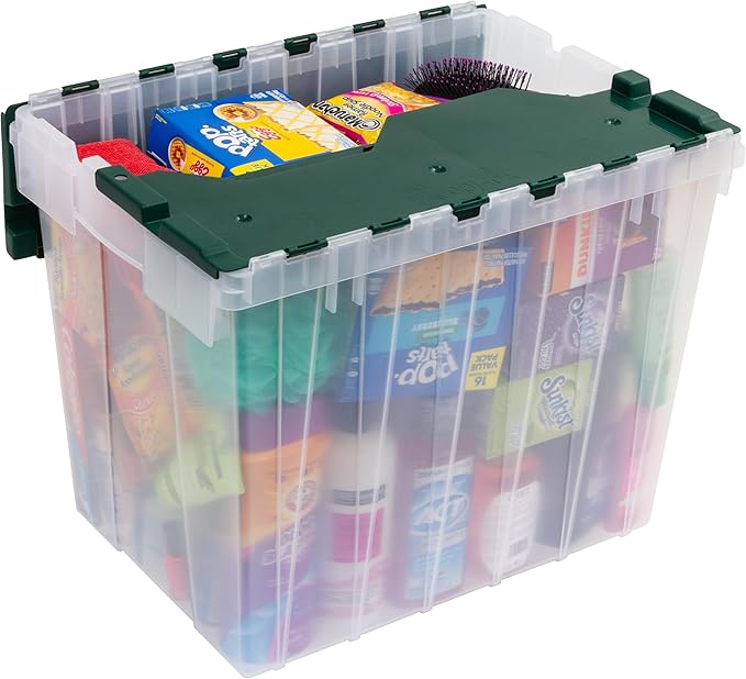 Akro-Mils KeepBox 18 Gallon Storage Container, Nesting and Stackable Plastic Storage Box with Lid Attached, Clear Tote for Garages, Closets, and Moving, 21" x 15" x 17", Clear/Green