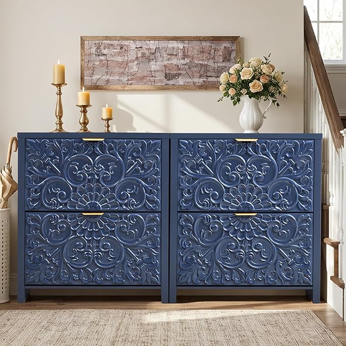 Shoe Cabinet with Flip Drawers, Narrow Shoe Storage Cabinet, 2-Tier Hidden Shoe Organizer with Carved Floral for Entryway, Mid-Century Modern Slim Shoes Storage for Hallway Foyer (1, Midnight Blue)