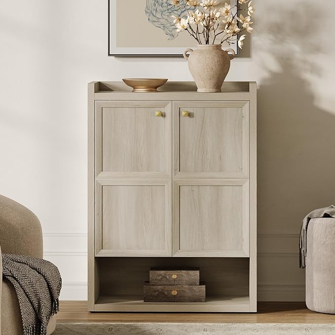 SICOTAS Shoe Cabinet Storage for Entryway - 24-Pair Shoe Cabinets with Doors and Adjustable Shelves, Farmhouse 33.9" Wide 7-Tier Shoes Storage Cabinet for Mudroom Closet Hallway, Grey White Oak