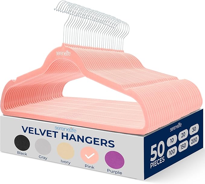 SereneLife 50 Pieces Velvet Hangers - Space Saving Heavy Duty Slim Suit Clothes Hanger Set with 360 Degree Swivel Metal Hook, Can Hold Up to 10 Lbs. for Coats, Jackets, Pants & Dress (Pink)