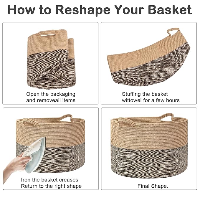 65L Large Blanket Basket,Woven Rope Laundry Basket Hamper with Handles,Decorative Nursery Basket Storage Bin for Toys, Pillows , Clothes Organizer, Living Room, Bedroom, Bathroom, White&Black