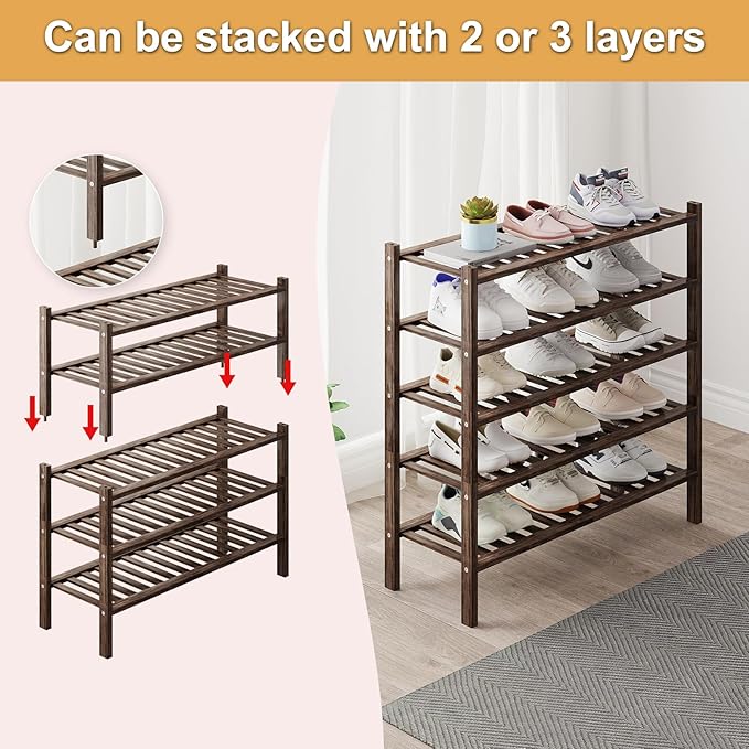 Bamboo Shoe Rack Organizer for Closet and Entryway - Space-Saving Narrow Shoe Stand - Versatile Shoe Holder for Door or Closet Shelf,Garage Bedroom can Freely Stack DIY Small Shoe Racks 2Tier Brown