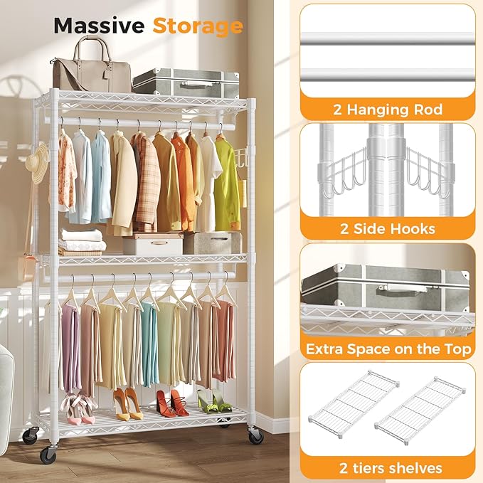 NEWBULIG Heavy Duty Adjustable Clothes Rack with Wheels, Adjustable Rolling Metal Freestanding Garment Closet Organizer with Double Rods & 2 Side Hooks for Hanging Clothes, 47"x17"x80", White