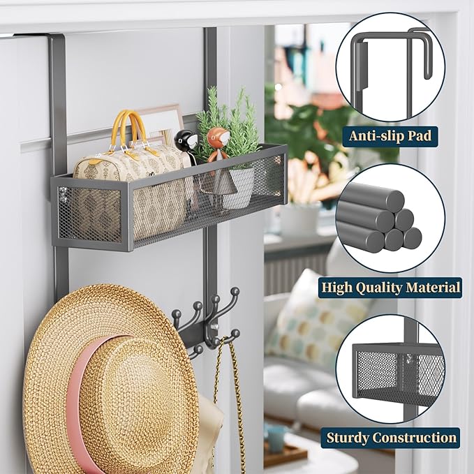Consumest Over The Door Hooks Organizer - 2 Tier Over Door Hanger with 16 Hooks & 2 Baskets for Hanging Coat, Clothing, Towel, Back Storage for Bathroom, Closet, College Dorm, Grey