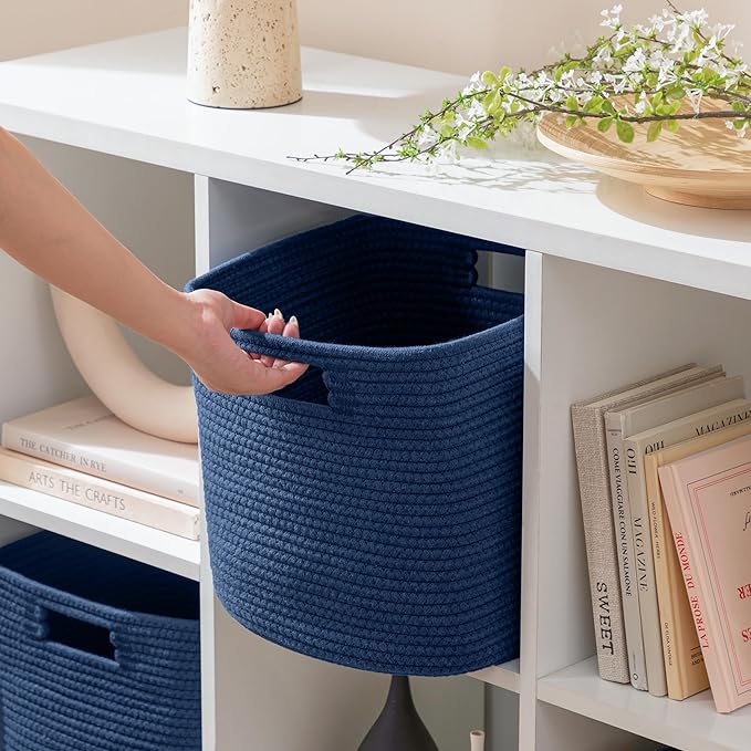 UBBCARE Set of 4 Storage Basket-11 X 10.5 X 10.5 In, Cotton Rope Basket for Shelves, Toys, Book, Cube Storage Bins with Handles, Woven Storage Basket for Organizing, Navy Blue