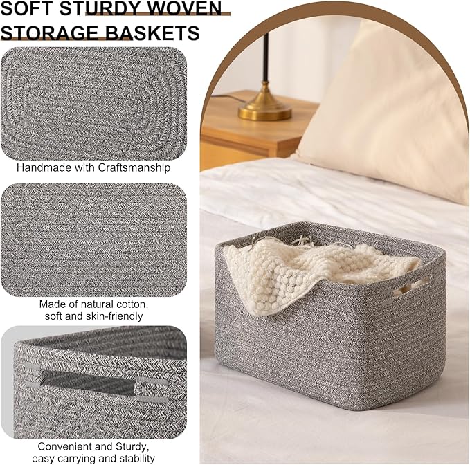 OIASKET Storage Baskets for Organizing, Woven Decorative Baskets for Shelves - Books, Towels, and Clothes, Cotton Rope Toy Storage Bins, 12.7''Lx9''Wx7.8''H, Pack of 4, Grey
