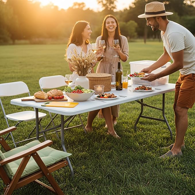 Folding Table 6FT Portable Heavy Duty Plastic Table with Carrying Handle Fold-in-Half Utility Foldable Tables for Parties Wedding Events Dining Indoor Outdoor Picnic (White)