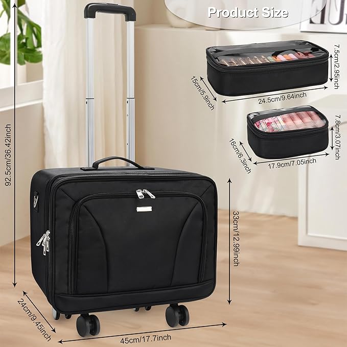 Relavel Cosmetology Case on Wheels, Extra Large Rolling Makeup Travel Train Case with 360° Spinner Wheels, 3 Layer with Insulation Compartment & 4 Clear Bags, Professional Makeup Artist Bag Set