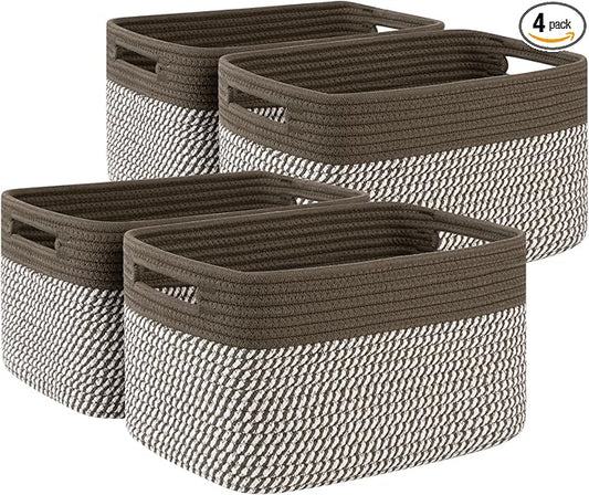 4 Pack Storage Baskets for Organizing, Woven Baskets for Shelves - Perfect for Toys, Books, Towels, and Clothes, Durable Gift Basket Bins Toy Storage, 12.7''Lx9''Wx7.8''H, Green & White