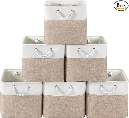 13 x 13 Inch Cube Storage Bins, 6 Pack Fabric Storage Basket with Handles, Foldable Boxes Organizer for Shelf Baskets for Home, Clothes (White/Khaki)