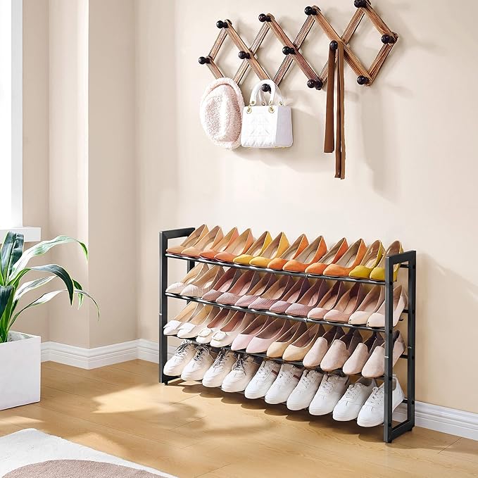 FAVOOSTY 4-Tier Expandable Shoe Rack, Adjustable Shoe Shelf Storage Organizer Space Saving Metal Free Standing Shoe Rack for Entryway Closet Doorway, Black