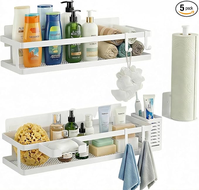 PUSDON 5-in-1 16.5" Extra Long Kitchen Organizer & Shower Caddy Set, Wall Mount Spice Rack with Paper Towel Holder, Utensil Holder & Soap Dish, Rustproof Mesh - White, Guardrail