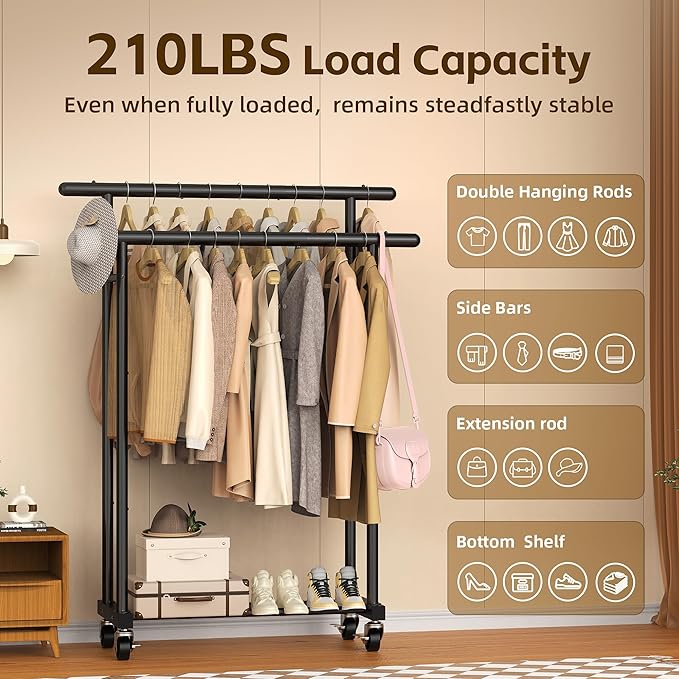 ViviDreamore Double Rods Clothes Rack, Rolling Clothing Rack for Hanging Clothes, Heavy Duty Metal Garment Rack, Multifunctional Coat Rack for Bedroom Laundry Living Room, Black