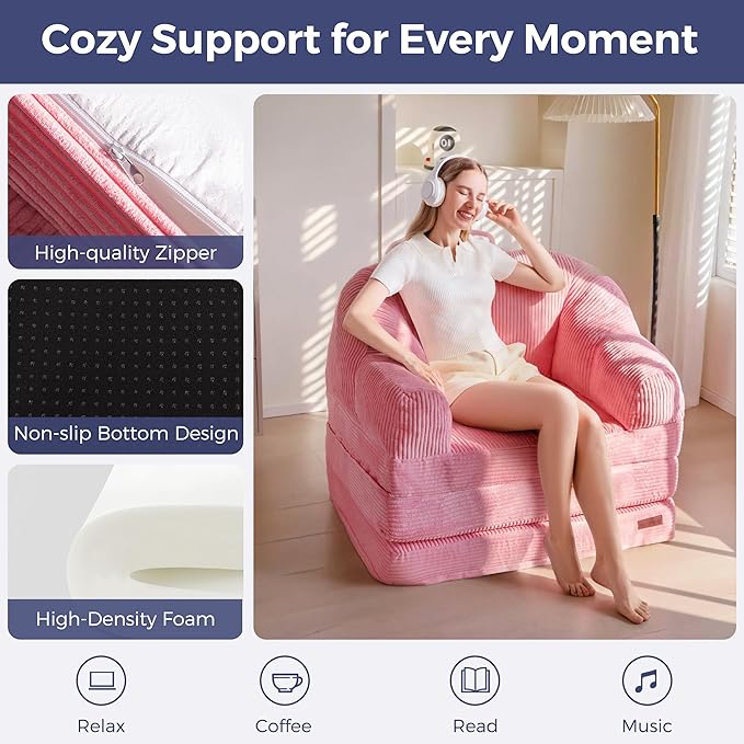 MAXYOYO Folding Sofa Bed with Backrest, Boneless Fold Out Couch Bed with Handle, 2 in 1 Convertible Bean Bag Chair to Floor Sofa Lounger, Comfy Folding Couch for Bedroom & Living Room, Pink