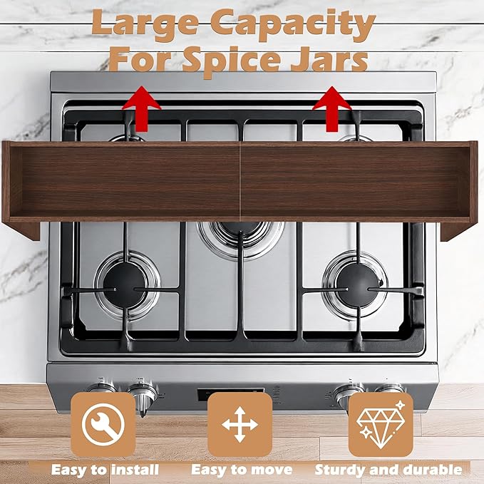 Over the Stove Shelf, Wood Stove Top Shelf, 31.5" Stove Top Organizer Shelves with 6 Hooks,11.5" Height Over Stove Spice Rack for Kitchen, Walnut