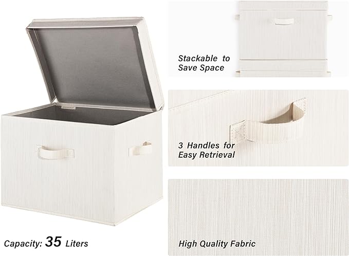 StorageWorks Closet Storage Bin with Lids, Decorative Storage Boxes with Handles, Fabric Storage Bins for Clothes, Jumbo, Mixing of Beige, White & Ivory, 2-Pack