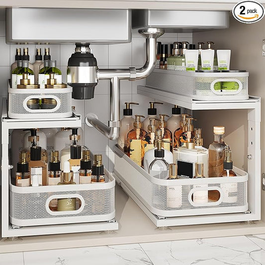 2 Pack 21IN-Depth Under Sink Organizer With Next-Gen Ball-Bearing Slides,2-Tier Precision Mesh Pull Out Cabinet Storage for Bathroom&Kitchen,Height Adjustable Drawers Shelf,Anti-rust-White