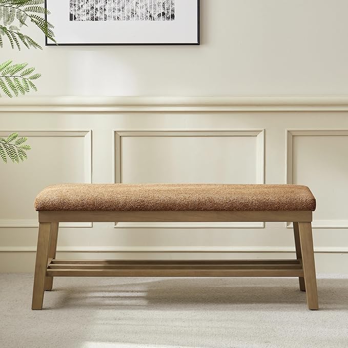 VKNOW Entryway Bench, 44.4" Upholstered Shoe Storage Bench for Entryway & Bedroom, Shoe Bench with Rubberwood Legs, Modern End of Bed Storage Bench for Living Room and Hallway, Orange