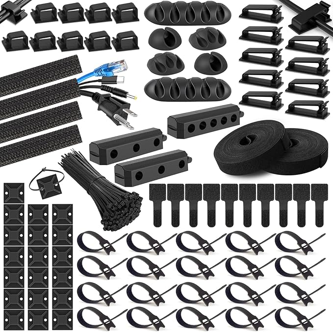 285 PCS Cable Management Kit - 4 Cable Sleeve Split, 50 Adhesive Cable Clips, 9 Cable Holder, 2 Roll Cable Organizer Straps, 200 Cable Zip Ties with 20 Mounts, for Computer TV Under Desk - Black