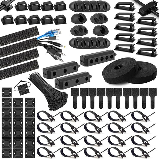 285 PCS Cable Management Kit - 4 Cable Sleeve Split, 50 Adhesive Cable Clips, 9 Cable Holder, 2 Roll Cable Organizer Straps, 200 Cable Zip Ties with 20 Mounts, for Computer TV Under Desk - Black